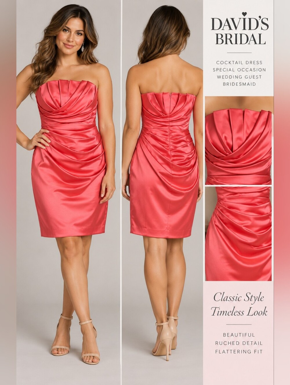 David's Bridal 10 Coral Pink Satin Strapless Ruched Cocktail Dress USA 84835-43